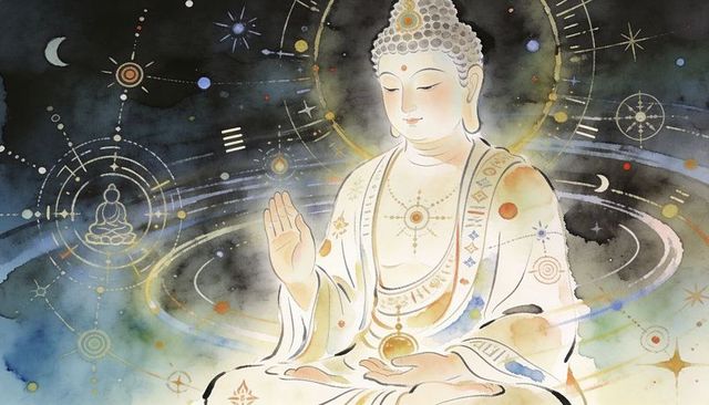 Meditating buddha radiating golden aura in cosmic watercolor with sacred geometry halo