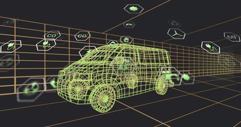 Neon wireframe electric van visualizing co2 emissions and sustainable logistics