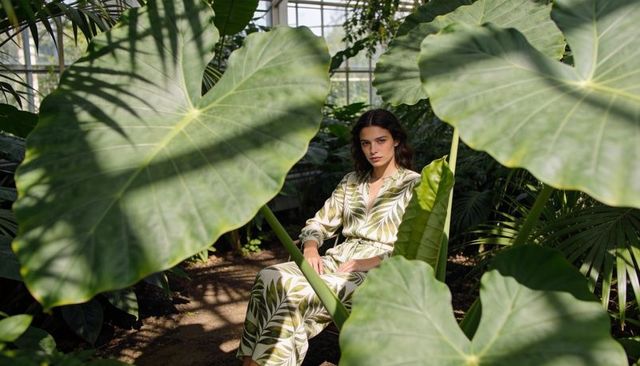 Model sitting in leaf-print jumpsuit among giant elephant ear leaves in sunlit greenhouse