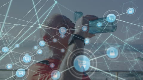 Senior Man Hydrating with Digital Network Overlay