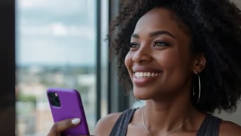 Woman Smiling While Using Smartphone Near City View
