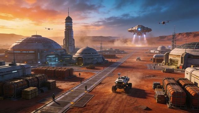 Mars Colony Outpost at Sunset with Descending Lander, Domed Habitats, Rover and Drones