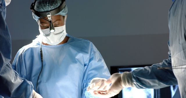 Professional surgeon performing a medical procedure in an operation room, with assistance from medical team. Ideal for use in healthcare advertisements, medical brochures, hospital websites, and educational materials to depict professionalism and expertise in the medical field.