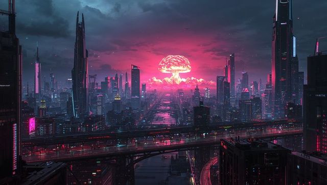 Futuristic cyberpunk cityscape with dystopian explosion