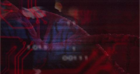 Macro serrated fabric blending with red circuit traces and cybernetic bokeh