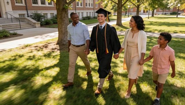 Graduate walking with family on sunlit college campus celebrating commencement achievement