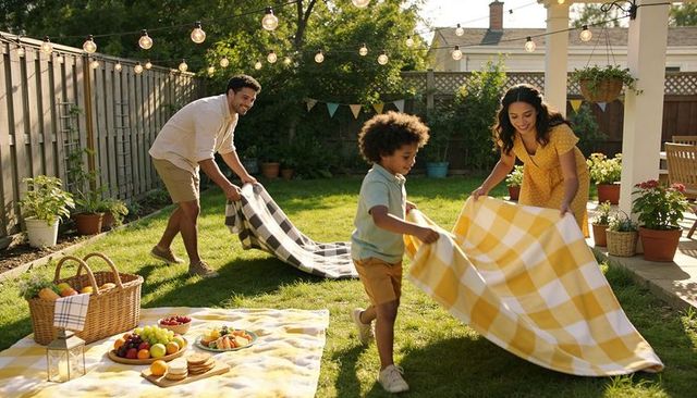 Sunlit backyard family picnic laying checkered blankets together, parents and child