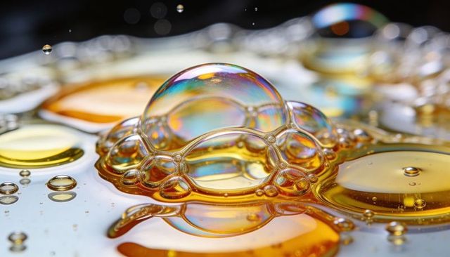 Iridescent bubble cluster over amber oil droplets macro abstract background