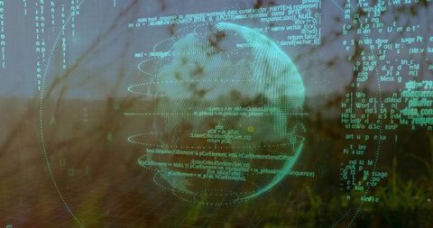 Hovering holographic globe over outdoor landscape with teal code overlay and mesh