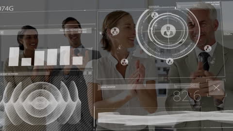 Business Professionals Analyzing Financial Data Holograms