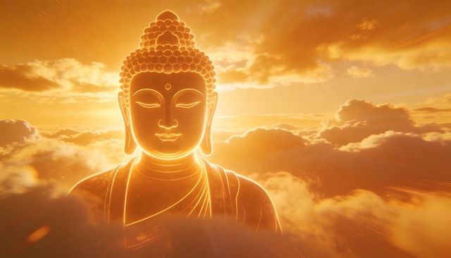 Radiating golden buddha emerging above clouds at sunrise with halo and serene aura