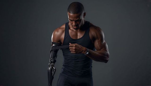 Muscular athlete fastening advanced prosthetic arm strap, showcasing strength and resilience