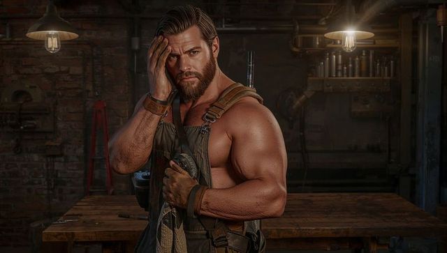 Rugged muscular bearded craftsman wiping sweat at workbench in industrial workshop