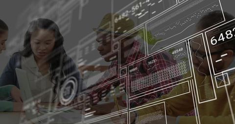 Diverse team collaborating over laptop with hud overlay for business planning and analytics