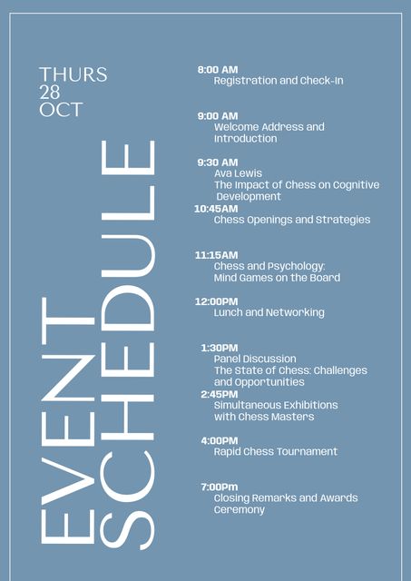 Use this modern blue event schedule template to organize events such as conferences, business meetings, or workshops. The clean aesthetic and clear layout enhance readability, making it ideal for both informal and formal gatherings. It is perfect for presenting agendas professionally at educational events or corporate functions. The flexibility of the template allows you to customize timings, titles, and event details easily.