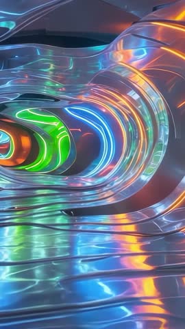 Gliding through mirrored neon tunnel with green blue orange lights, vertical motion video