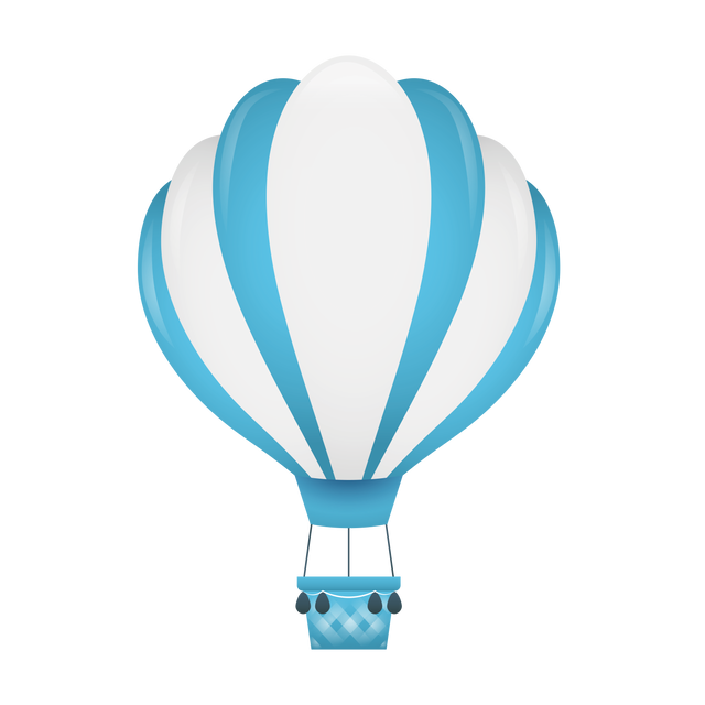 Blue and white hot air balloon illustration perfect for travel and leisure designs. Fluid transparent background allows effortless integration with various digital projects including website symbols, app design, educational materials, promotional materials, adventure advertisements, holiday brochures. Use this vibrant vector to symbolize adventure and lifestyle themes.