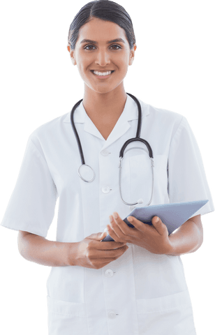 Confident female doctor in white coat with transparent background