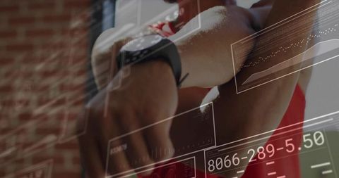 Fitness enthusiast tracking performance with smartwatch and digital analytics