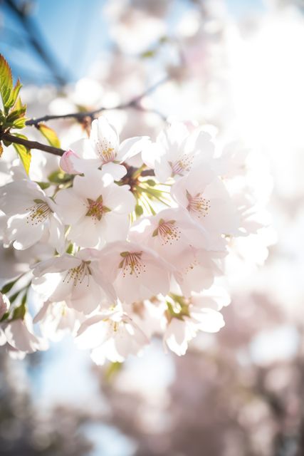 Close-up view of delicate cherry blossoms with sunlight illuminating petals. Ideal for spring-themed promotions, nature illustrations, floral designs, or seasonal greeting cards. Emphasizes the beauty and ephemeral nature of spring blooms.