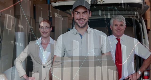 Happy Delivery Team with Financial Graph Overlay - Download Free Stock Images Pikwizard.com