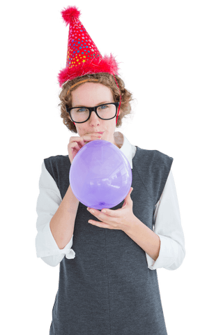 Character in Party Hat with Geeky Chic Blow-Up Tip and Transparent Balloon - Download Free Stock Videos Pikwizard.com