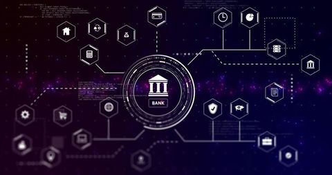 Visualizing Futuristic Bank Network with Blockchain Nodes, Data Analytics, Cybersecurity
