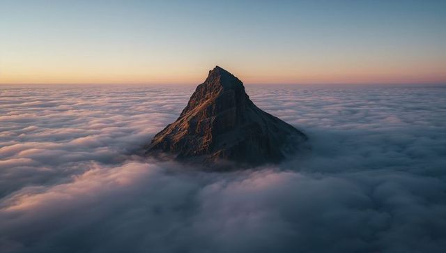 Solitary pyramidal mountain peak piercing sea of clouds at sunrise with pastel alpenglow