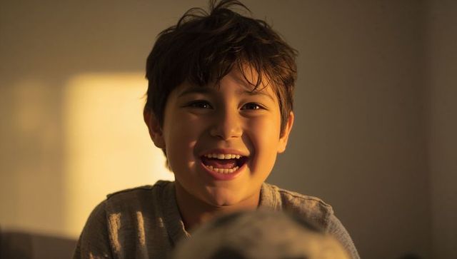 Laughing boy basking in warm golden light with soccer ball foreground joyful portrait