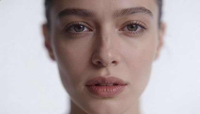 Close-up female headshot showing natural skin texture, neutral expression, soft diffused lighting