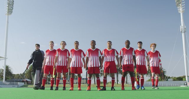 Diverse Soccer Team Standing Together on Field Under Stadium Lights - Download Free Stock Images Pikwizard.com