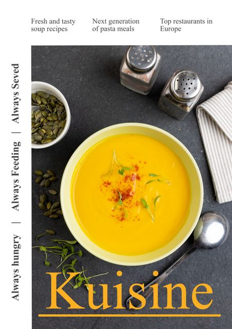 Bright and appetizing flat lay of gourmet pumpkin soup in a bowl, accompanied by various spices, seeds, and seasoning on a stone surface. Ideal for use in food and culinary blogs, cooking websites, recipe books, and dining magazines. Perfect to illustrate articles on healthy eating, seasonal recipes, and gourmet meal preparation.