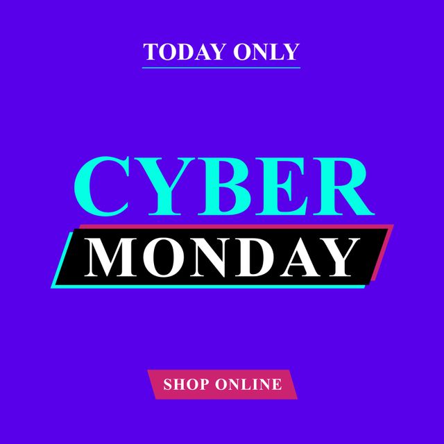 An eye-catching graphic highlighting Cyber Monday with vivid blue background and bold text announcing today only offers. This image is perfect for e-commerce websites, social media promotions, and digital marketing campaigns to attract customers to shop online and take advantage of the special discounts available.