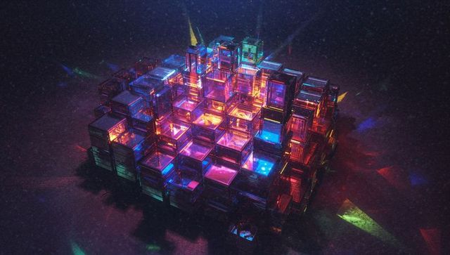Glowing glass cubes refracting neon lights on dark background