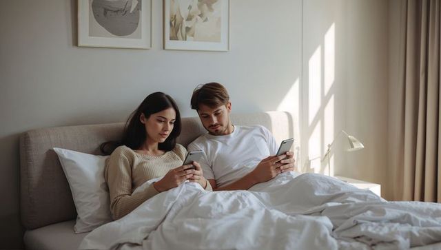 Couple Browsing Smartphones Together in Cozy Bedroom Setting