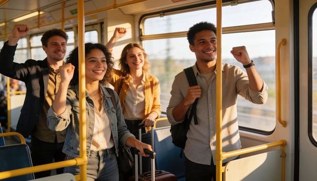 Young diverse group cheering on tram while traveling with luggage, sunlit joyful commuting