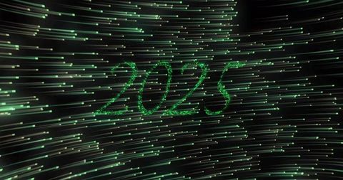 Futuristic Neon 2025 Forming within Green Digital Stream with Motion Streaks and Particles