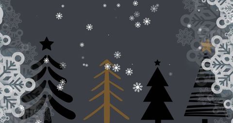 Stylish christmas trees with falling snowflakes on grey background
