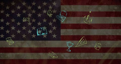 Education symbols overlaid on united states flag