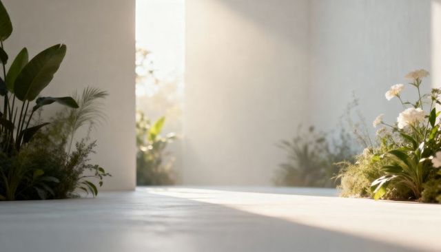 Sunlit minimal courtyard walkway showcasing modern architecture and lush planters