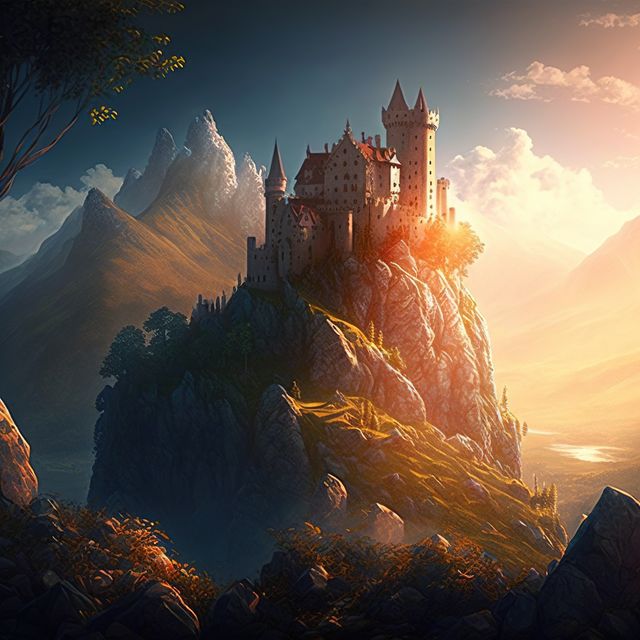 Image of fantasy landscape with castle, created using generative ai technology. Fantasy landscape and nature concept, digitally generated image.