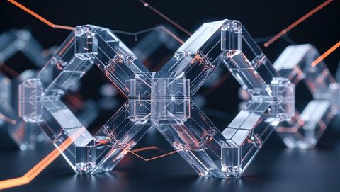Translucent geometric modules in futuristic loop with glowing conduits
