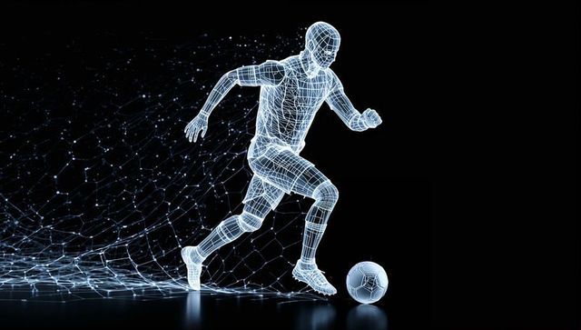 Futuristic wireframe soccer player running, dribbling with neon mesh ball