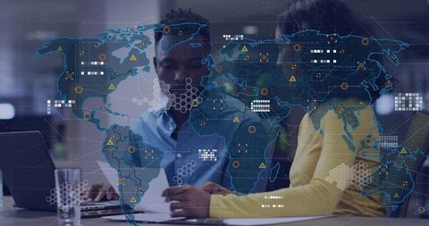 Global Data Collaboration Team Analyzing Interactive World Map Overlay Reviewing Documents