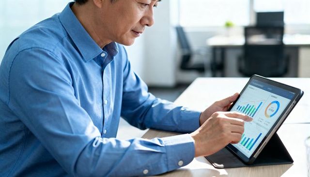 Middle-aged asian professional analyzing business dashboard on tablet at office desk
