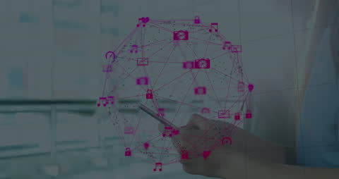 Businesswoman Using Smartphone with Digital Network Interface