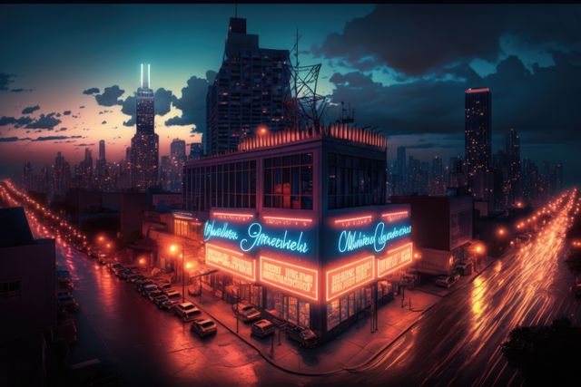 Cityscape with lit streets and neon on building, created using generative ai technology - Download Free Stock Photos Pikwizard.com