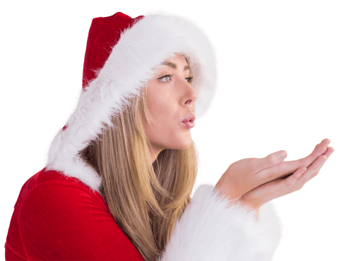 Blowing a kiss santa woman on transparent background