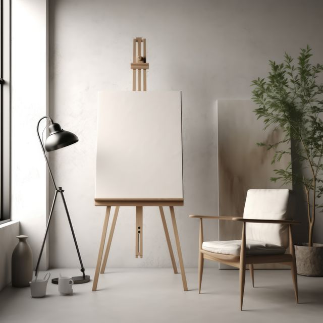 Blank canvas on easel by window in sunny room with plant, created using generative ai technology. Art, possibility, inspiration and creativity, copy space concept digitally generated image.