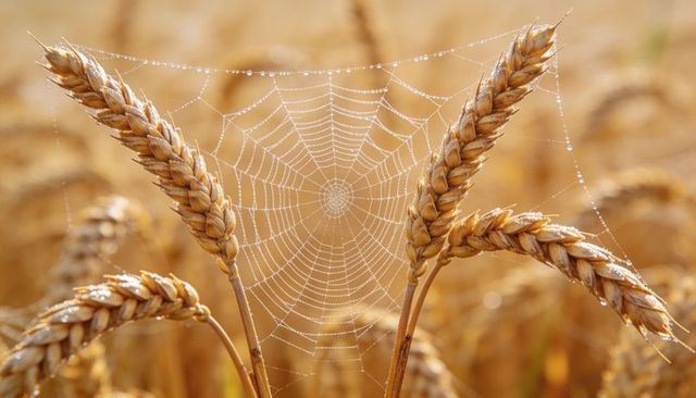 Dew-kissed spider web spanning golden wheat ears at sunrise, macro close-up